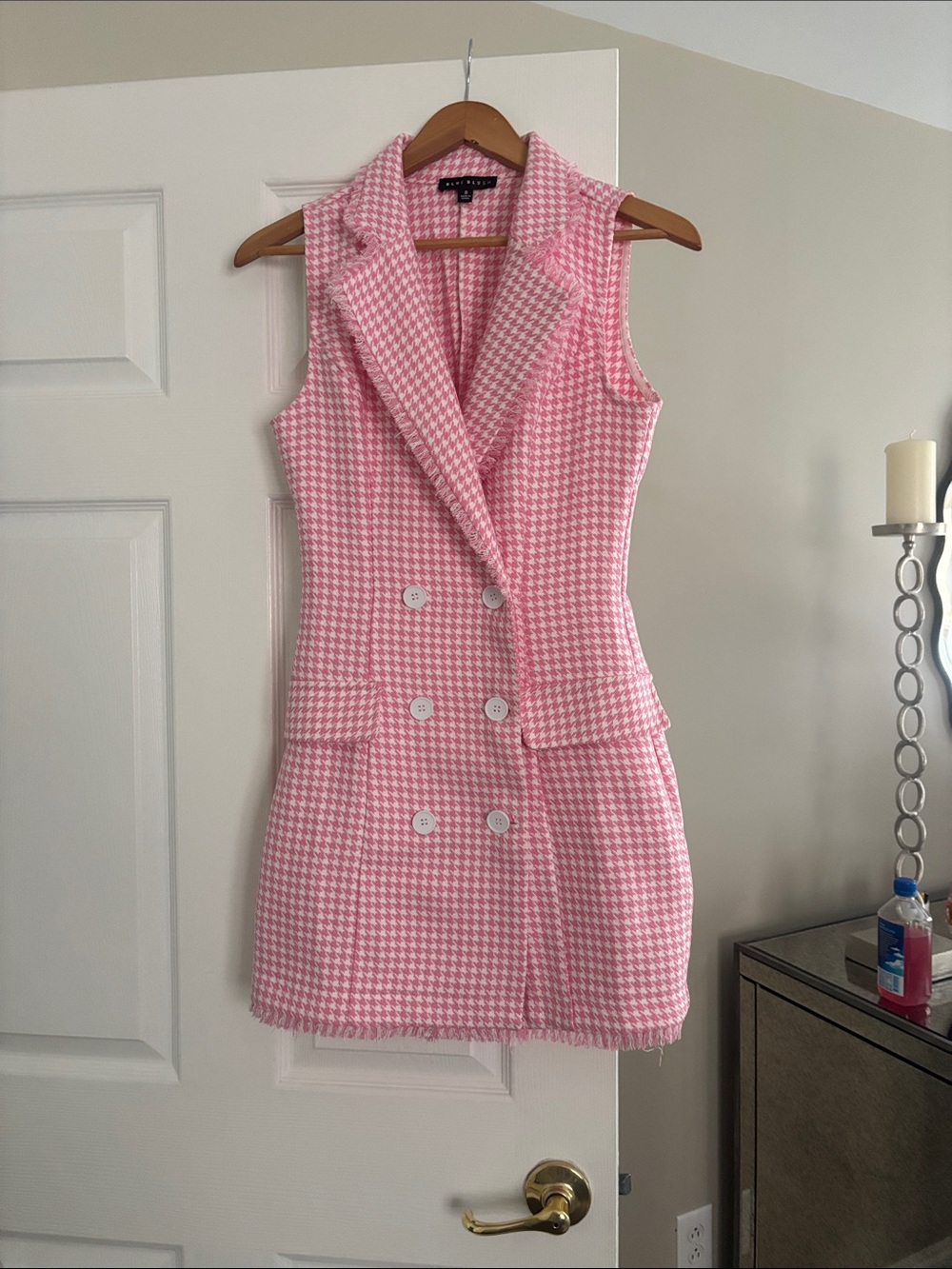 Blue Blush Pink Houndstooth Double-Breasted Sleeveless Mini